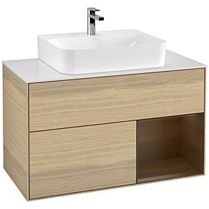 Villeroy und Boch Finion Waschtischunterschrank F121GNPC 100cm, Abdeckplatte weiß matt, Regal rechts Walnut veneer, Oak Veneer