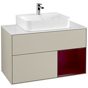 Villeroy und Boch Finion Waschtischunterschrank F121HBHH 100cm, Abdeckplatte weiß matt, Regal rechts Peony, Sand Matt Lacquer