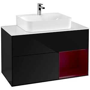 Villeroy und Boch Finion Waschtischunterschrank F121HBPH 100cm, Abdeckplatte weiß matt, Regal rechts Peony, Glossy Black Lacquer