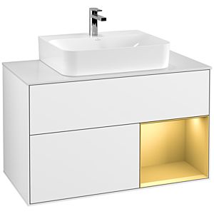Villeroy et Boch Finion Villeroy et Boch F121HFGF 100cm, plaque de finition blanc mat, étagère à droite or mat, laqué blanc brillant
