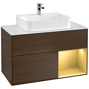 Villeroy et Boch Finion Villeroy et Boch F121HFGN 100cm, plaque de finition blanc mat, étagère à droite or mat, placage noyer