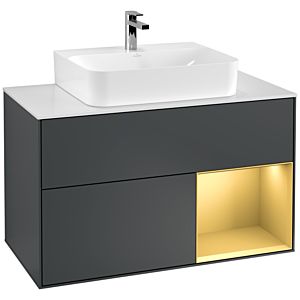 Villeroy und Boch Finion Waschtischunterschrank F121HFHG 100cm, Abdeckplatte weiß matt, Regal rechts Gold matt, Midnight Blue Matt Lacquer