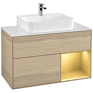 Villeroy und Boch Finion Waschtischunterschrank F121HFPC 100cm, Abdeckplatte weiß matt, Regal rechts Gold matt, Oak Veneer