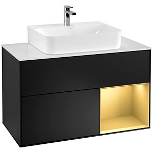 Villeroy et Boch Finion Villeroy et Boch F121HFPD 100cm, plaque de recouvrement blanc mat, étagère droite or mat, laqué noir mat