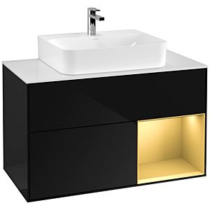 Villeroy und Boch Finion Waschtischunterschrank F121HFPH 100cm, Abdeckplatte weiß matt, Regal rechts Gold matt, Glossy Black Lacquer