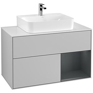 Villeroy und Boch Finion Waschtischunterschrank F121HGGJ 100cm, Abdeckplatte weiß matt, Regal rechts Midnight Blue Matt Lacquer, Light grey matt