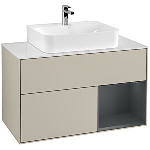 Villeroy und Boch Finion Waschtischunterschrank F121HGHH 100cm, Abdeckplatte weiß matt, Regal rechts Midnight Blue Matt Lacquer, Sand Matt Lacquer