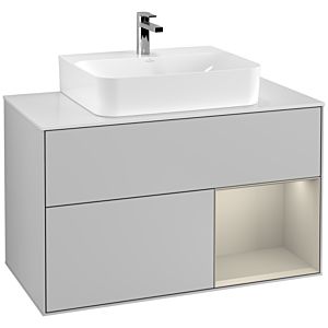 Villeroy und Boch Finion Waschtischunterschrank F121HHGJ 100cm, Abdeckplatte weiß matt, Regal rechts Sand Matt, Light grey matt