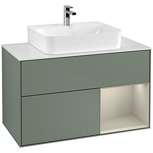 Villeroy et Boch Finion Villeroy et Boch F121HHGM 100cm, plaque de finition blanc mat, étagère à droite Sand matt, Olive Matt Lacquer