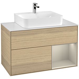 Villeroy und Boch Finion Waschtischunterschrank F121HHPC 100cm, Abdeckplatte weiß matt, Regal rechts Sand Matt, Oak Veneer