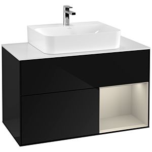 Villeroy und Boch Finion Waschtischunterschrank F121HHPH 100cm, Abdeckplatte weiß matt, Regal rechts Sand Matt, Glossy Black Lacquer