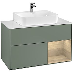 Villeroy et Boch Finion Villeroy et Boch F121PCGM 100cm, plaque de finition blanc mat, étagère à droite Oak Veneer , Olive Matt Lacquer