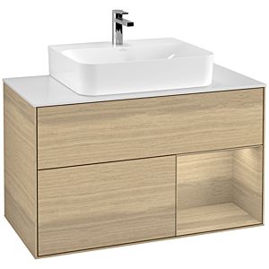 Villeroy und Boch Finion Waschtischunterschrank F121PCPC 100cm, Abdeckplatte weiß matt, Regal rechts Oak Veneer, Oak Veneer