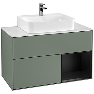 Villeroy et Boch Finion Villeroy et Boch F121PDGM 100cm, plaque de finition blanc mat, étagère à droite laqué noir mat, Olive Matt Lacquer