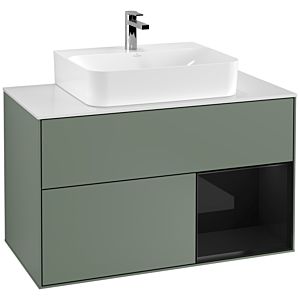 Villeroy et Boch Finion Villeroy et Boch F121PHGM 100cm, plaque de finition blanc mat, étagère à droite Glossy Black Lacquer , Olive Matt Lacquer