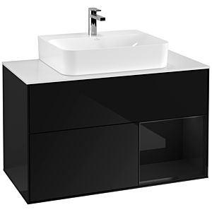 Villeroy und Boch Finion Waschtischunterschrank F121PHPH 100cm, Abdeckplatte weiß matt, Regal rechts Glossy Black Lacquer, Glossy Black Lacquer