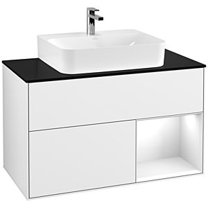 Villeroy et Boch Finion Villeroy et Boch F122GFGF 100cm, plaque de finition noir mat, étagère à droite laqué blanc brillant, laqué blanc brillant
