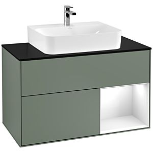 Villeroy et Boch Finion Villeroy et Boch F122GFGM 100cm, couvercle noir mat, étagère à droite Laque blanc brillant, Olive Matt Lacquer