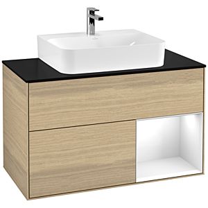 Villeroy und Boch Finion Waschtischunterschrank F122GFPC 100cm, Abdeckplatte black matt, Regal rechts Glossy white lacquer, Oak Veneer