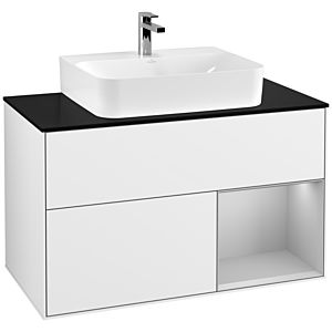 Villeroy et Boch Finion Villeroy et Boch F122GJGF 100cm, plaque de finition noir mat, étagère à droite gris clair mat, laqué blanc brillant
