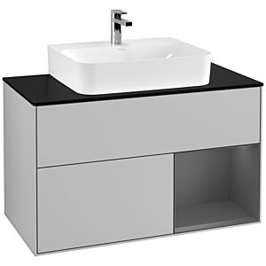 Villeroy und Boch Finion Waschtischunterschrank F122GKGJ 100cm, Abdeckplatte black matt, Regal rechts Anthracite matt, Light grey matt