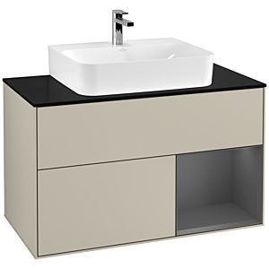 Villeroy und Boch Finion Waschtischunterschrank F122GKHH 100cm, Abdeckplatte black matt, Regal rechts Anthracite matt, Sand Matt Lacquer