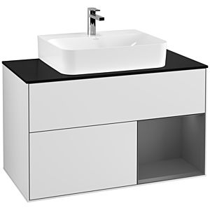 Villeroy und Boch Finion Waschtischunterschrank F122GKMT 100cm, Abdeckplatte black matt, Regal rechts Anthracite matt, White matt lacquer