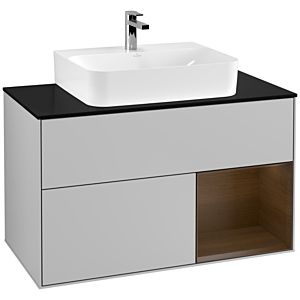 Villeroy und Boch Finion Waschtischunterschrank F122GNGJ 100cm, Abdeckplatte black matt, Regal rechts Walnut veneer, Light grey matt