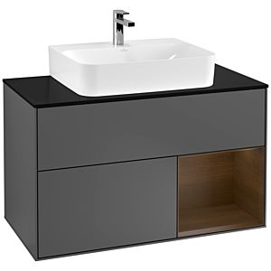 Villeroy und Boch Finion Waschtischunterschrank F122GNGK 100cm, Abdeckplatte black matt, Regal rechts Walnut veneer, Anthracite matt