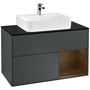 Villeroy und Boch Finion Waschtischunterschrank F122GNHG 100cm, Abdeckplatte black matt, Regal rechts Walnut veneer, Midnight Blue Matt Lacquer