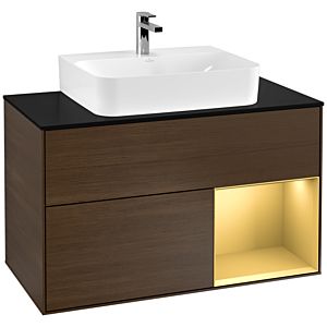 Villeroy et Boch Finion Villeroy et Boch F122HFGN 100cm, plaque de finition noir mat, étagère droite or mat, placage noyer