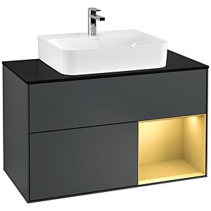 Villeroy und Boch Finion Waschtischunterschrank F122HFHG 100cm, Abdeckplatte black matt, Regal rechts Gold matt, Midnight Blue Matt Lacquer