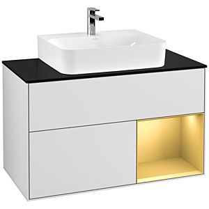 Villeroy und Boch Finion Waschtischunterschrank F122HFMT 100cm, Abdeckplatte black matt, Regal rechts Gold matt, White matt lacquer