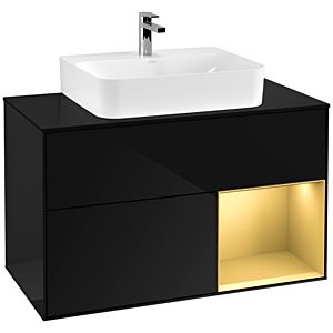 Villeroy und Boch Finion Waschtischunterschrank F122HFPH 100cm, Abdeckplatte black matt, Regal rechts Gold matt, Glossy Black Lacquer