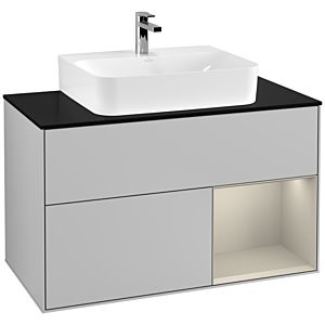 Villeroy und Boch Finion Waschtischunterschrank F122HHGJ 100cm, Abdeckplatte black matt, Regal rechts Sand Matt, Light grey matt