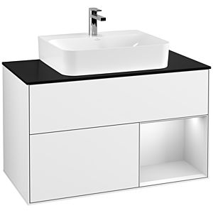 Villeroy und Boch Finion Waschtischunterschrank F122MTGF 100cm, Abdeckplatte black matt, Regal rechts White matt lacquer, Glossy white lacquer