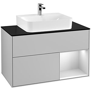 Villeroy und Boch Finion Waschtischunterschrank F122MTGJ 100cm, Abdeckplatte black matt, Regal rechts White matt lacquer, Light grey matt