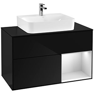 Villeroy et Boch Finion Villeroy et Boch F122MTPH 100cm, plaque de finition noir mat, étagère à droite laqué blanc mat, Glossy Black Lacquer