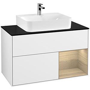 Villeroy und Boch Finion Waschtischunterschrank F122PCGF 100cm, Abdeckplatte black matt, Regal rechts Oak Veneer, Glossy white lacquer