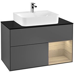 Villeroy und Boch Finion Waschtischunterschrank F122PCGK 100cm, Abdeckplatte black matt, Regal rechts Oak Veneer, Anthracite matt