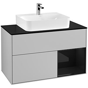 Villeroy und Boch Finion Waschtischunterschrank F122PHGJ 100cm, Abdeckplatte black matt, Regal rechts Glossy Black Lacquer, Light grey matt