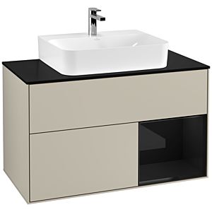 Villeroy und Boch Finion Waschtischunterschrank F122PHHH 100cm, Abdeckplatte black matt, Regal rechts Glossy Black Lacquer, Sand Matt Lacquer