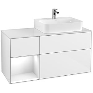 Villeroy et Boch Finion Villeroy et Boch F141GFGF 120cm, couvercle en verre blanc mat, étagère à gauche laqué blanc brillant, laqué blanc brillant