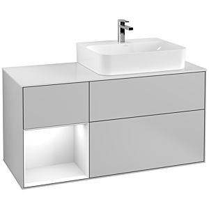 Villeroy et Boch Finion Villeroy et Boch F141GFGJ 120cm, plaque de recouvrement verre blanc mat, étagère gauche laqué blanc brillant, gris clair mat