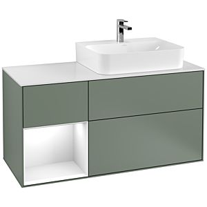 Villeroy et Boch Finion Villeroy et Boch F141GFGM 120cm, plaque de recouvrement verre blanc mat, étagère gauche laqué blanc brillant, Olive Matt Lacquer