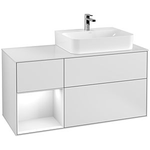 Villeroy et Boch Finion Villeroy et Boch F141GFMT 120cm, plaque de recouvrement verre blanc mat, étagère gauche laqué blanc brillant, laqué blanc mat
