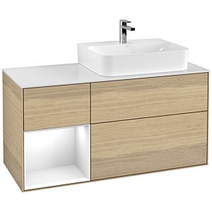 Villeroy und Boch Finion Waschtischunterschrank F141GFPC 120cm, Abdeckplatte glass white Matt, Regal links Glossy white lacquer, Oak Veneer