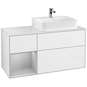 Villeroy et Boch Finion Villeroy et Boch F141GJGF 120cm, plaque de recouvrement verre blanc mat, étagère gauche gris clair mat, laqué blanc brillant