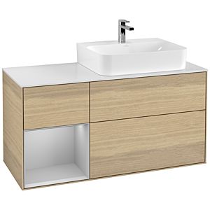 Villeroy und Boch Finion Waschtischunterschrank F141GJPC 120cm, Abdeckplatte glass white Matt, Regal links Light grey matt, Oak Veneer