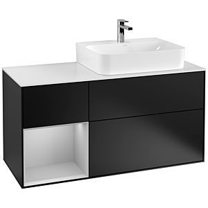 Villeroy et Boch Finion Villeroy et Boch F141GJPD 120cm, couvercle en verre blanc mat, étagère gauche gris clair mat, laqué noir mat